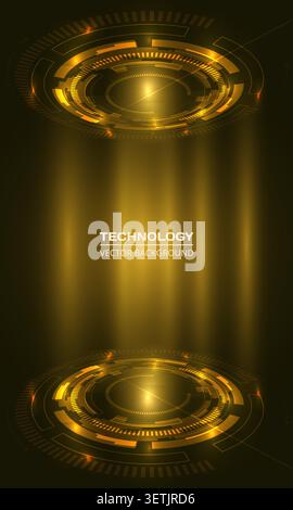 Golden futuristic technology vertical background with glowing circular interfaces. Poster with golden hud. Vector illustration Stock Vector