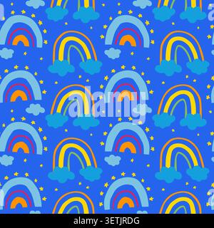 Cute childish style seamless pattern with rainbow on blue background Stock Vector