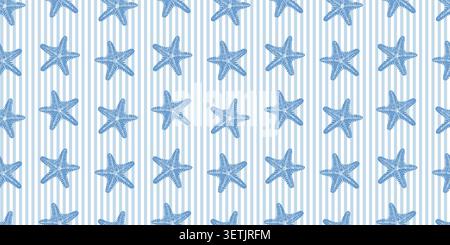 Striped seamless pattern with blue horizontal lines and hand drawn starfish. Beautiful marine summer background Stock Vector