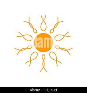 Minimalist sun icon, flat vector style. Abstract yellow sun with segmented rays, isolated on white background. Simple design element for summer, weath Stock Vector