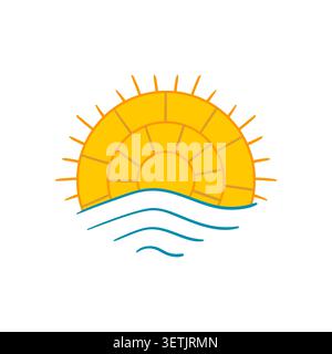 Cute cartoon sunrise illustration, flat vector style. Featuring a rising sun over blue ocean waves, isolated on white background. Simple summer icon f Stock Vector
