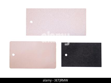 Set of natural blank paper gray and black tags with hole isolated on white, clipping path, top view Stock Photo