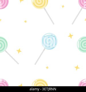 Pastel lollipops float with cheerful swirls. Stars twinkle softly in the light background. Sweetness and joy are the main vibes. Ideal for children's Stock Vector
