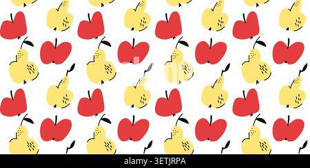 Seamless fruit pattern with red apples and yellow pears with leaves on white, in flat style with doodle lines, organic fruits for local market. Vector Stock Vector