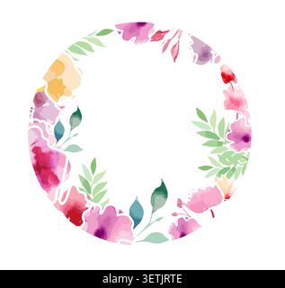 Greenery and red flowers, Round banner, watercolor tiny floral elements . Hand drawn. Not AI, vector illustration. Stock Vector
