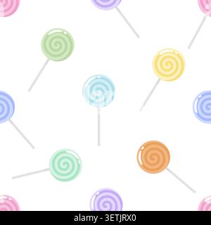 Pastel lollipops float on white background. Soft swirls glow in mint, peach, lavender, and blue. Each candy rests on slender stick, clean and sweet. C Stock Vector