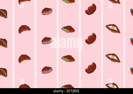 Minimalist white stripe pattern on pink with mini croissants, crispy puff pastry from Paper and Fabric Bakery. Vector illustration Stock Vector