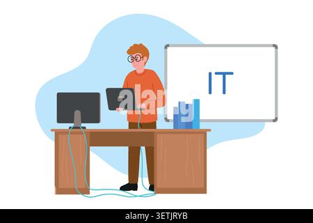Young IT teacher with laptop and computer lecturing about technology. Vector illustration for coding, school, computer science Stock Vector