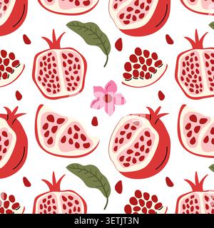 Seamless Pomegranate Floral Pattern with Leaves and Pink Flowers Vector Illustration Stock Vector