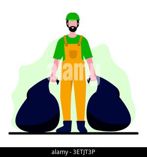 Flat vector illustration of a sanitation worker carrying garbage bags, representing waste management, environmental services, urban cleanliness, recyc Stock Vector