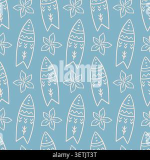 Blue boho vector seamless pattern with surfboards Stock Vector