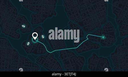 Dark city map showing taxi route path and car location pin on digital dashboard interface with gps navigation tracking. Vector illustration. Stock Vector