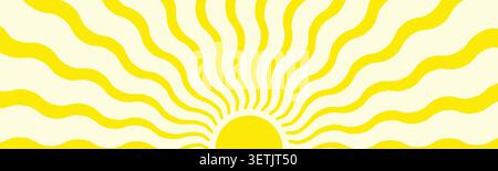 Groovy, hippie, retro sun background. Abstract hand drawn doodle sunshine shapes in trendy childishly, naive art style. Horizontal wavy summer poster, Stock Vector