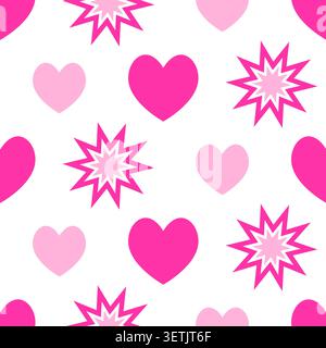 Pink hearts, starbursts vector seamless pattern Stock Vector