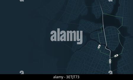 Dark city map background with navigation path and taxi location markers showing route tracking. Vector illustration. Stock Vector