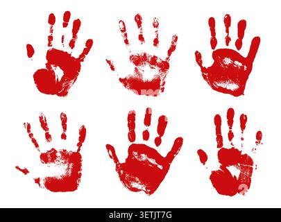 Bloody hand print silhouettes set. Grunge red handprint isolated Stock Vector