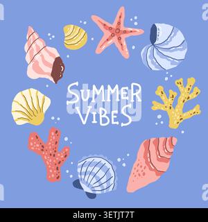 Sea shells set starfish and colorful corals collection with lettering. Marine summer elements. Hand drawn vector in simple style Stock Vector