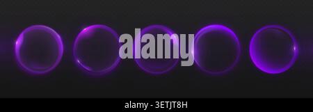 Glowing purple spheres with neon gradient light and liquid texture, futuristic abstract vector orbs on dark transparent background. Soft holographic glass balls, fluid bubbles with smooth refraction Stock Vector