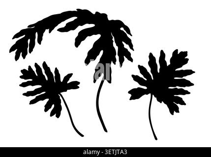 Vector Philodendron tropical leaves silhouette set. Hand drawn black and white botanical element with decorative shape. Flora design for logo icon template. Natural clipart collection for stamp art. Stock Vector
