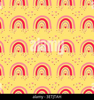 Cute rainbows seamless pattern with hearts on yellow background Stock Vector