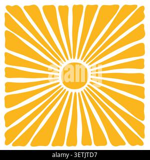 Retro groovy sun background. Doodle retro hippie style sunburst Stock Vector