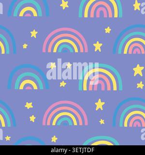 Cute childish style seamless pattern with rainbow on blue background Stock Vector