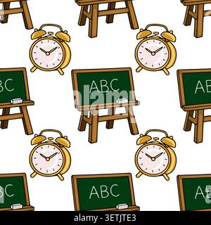 Seamless vector pattern of vintage alarm clocks and green chalkboards with ABC text, perfect for educational themes Stock Vector