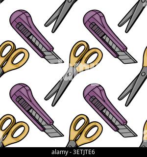 Seamless vector pattern of colorful scissors and utility knives, perfect for craft and design projects Stock Vector