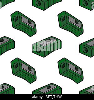 Seamless vector pattern of green pencil sharpeners on a white background, educational tool illustration Stock Vector