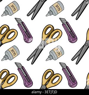 Seamless vector pattern illustration of craft scissors, utility knives, and glue bottles on a white background Stock Vector