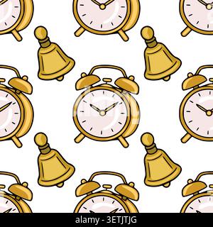 Seamless vector pattern of golden alarm clocks and bells, perfect for educational themes and retro designs. Stock Vector
