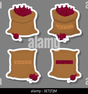 Illustration on theme of big food set from tasty beet in large textured sacks, beet pattern consisting of savory food in organic eco sacks, open sacks Stock Vector