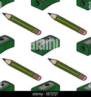 Seamless vector pattern of green pencils and sharpeners on white background Stock Vector