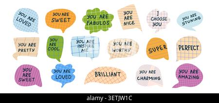 Set of paper of notebook speech bubble talks with compliments. Hand written phrases Self love, motivation or world compliment day elements set. Speech Stock Vector