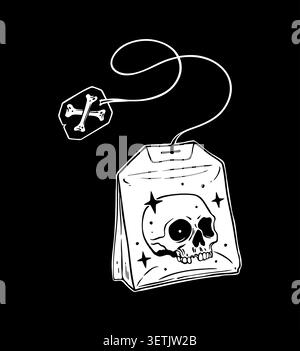 Black and white illustration of a tea bag with a tag and string. The bag features a skull with stars. The tag has a crossbones design. Dark, gothic, a Stock Vector