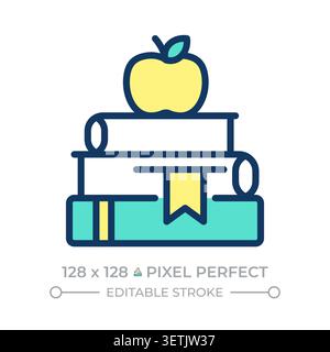 Apple on book stack pixel perfect line color icon Stock Vector