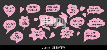 Pink Compliment Stickers with hand written phrases and doodle elements. Self love, motivation or world compliment day elements set. Pink speech bubble Stock Vector