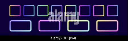 Glowing neon rectangle frames set with glowing blue, green, pink and purple light effects, futuristic portal gateway, vibrant and LED illumination Stock Vector