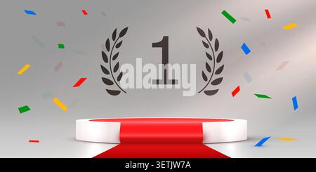 First place winner pedestal with red carpet and laurel wreath. Celebrating a victory with confetti. Vector illustration Stock Vector