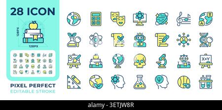 Academic subjects pixel perfect line color icons set Stock Vector