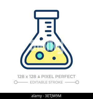 Flask with boiling liquid pixel perfect line color icon Stock Vector
