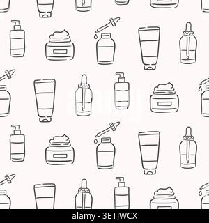 Cosmetics seamless pattern with lotion, cream jars Stock Vector