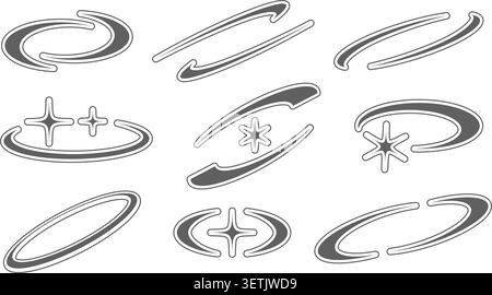 Y2K star icons with orbits and sparkles. Vector outline retro symbols and abstract cosmic shapes. Vintage cyberpunk graphic set on white background Stock Vector