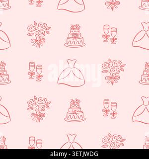Wedding seamless pattern with dress, bouquet, cake Stock Vector