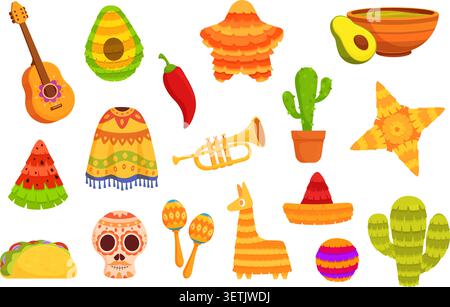 Mexican festival colorful set. Mexico symbols, poncho, sombrero hat, pinatas, chilli pepper, cacti. Isolated cartoon cinco de mayo elements, sapid Stock Vector
