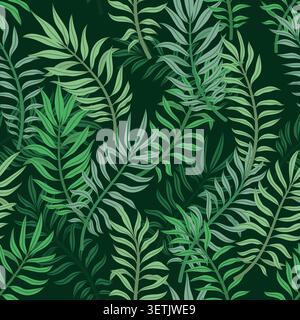 Pattern on a dark background with tropical palm leaves Stock Vector