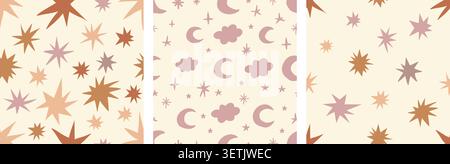 Seamless bohemian baby pattern set with stars, moons, and clouds. Vector illustration perfect for nursery textiles, wrapping paper, stationery, apparel design, and cute wall art backgrounds for kids. Stock Vector