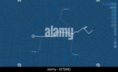Digital city map interface with white navigation path, location markers, and estimated travel times on blue background. Vector illustration. Stock Vector