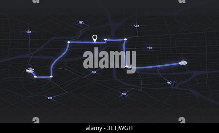 Set of dark city map navigation screens featuring glowing blue green and orange paths with location markers for gps tracking apps. Vector illustration Stock Vector