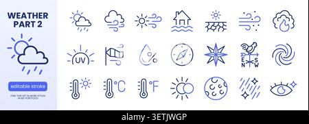 Weather climate line icon set. Sun shower, flood, hurricane, thermometer, uv index, drought minimal vector illustrations. Simple outline forecast Stock Vector